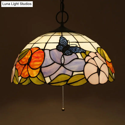 Baroque Style Black Stained Glass Chandelier Pendant Light with 3 Bulbs and Petal Pattern