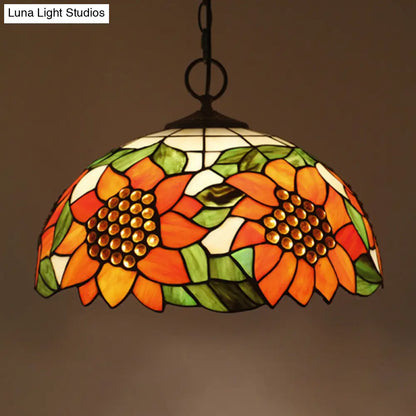 Baroque Style Black Stained Glass Chandelier Pendant Light with 3 Bulbs and Petal Pattern