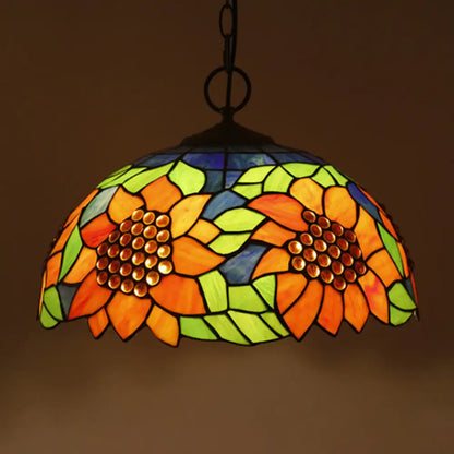 Baroque Style Black Stained Glass Chandelier Pendant Light with 3 Bulbs and Petal Pattern