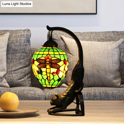 Baroque Style Dragonfly Desk Lamp with 1 Light - Red/Green Cat Table Light for Bedroom