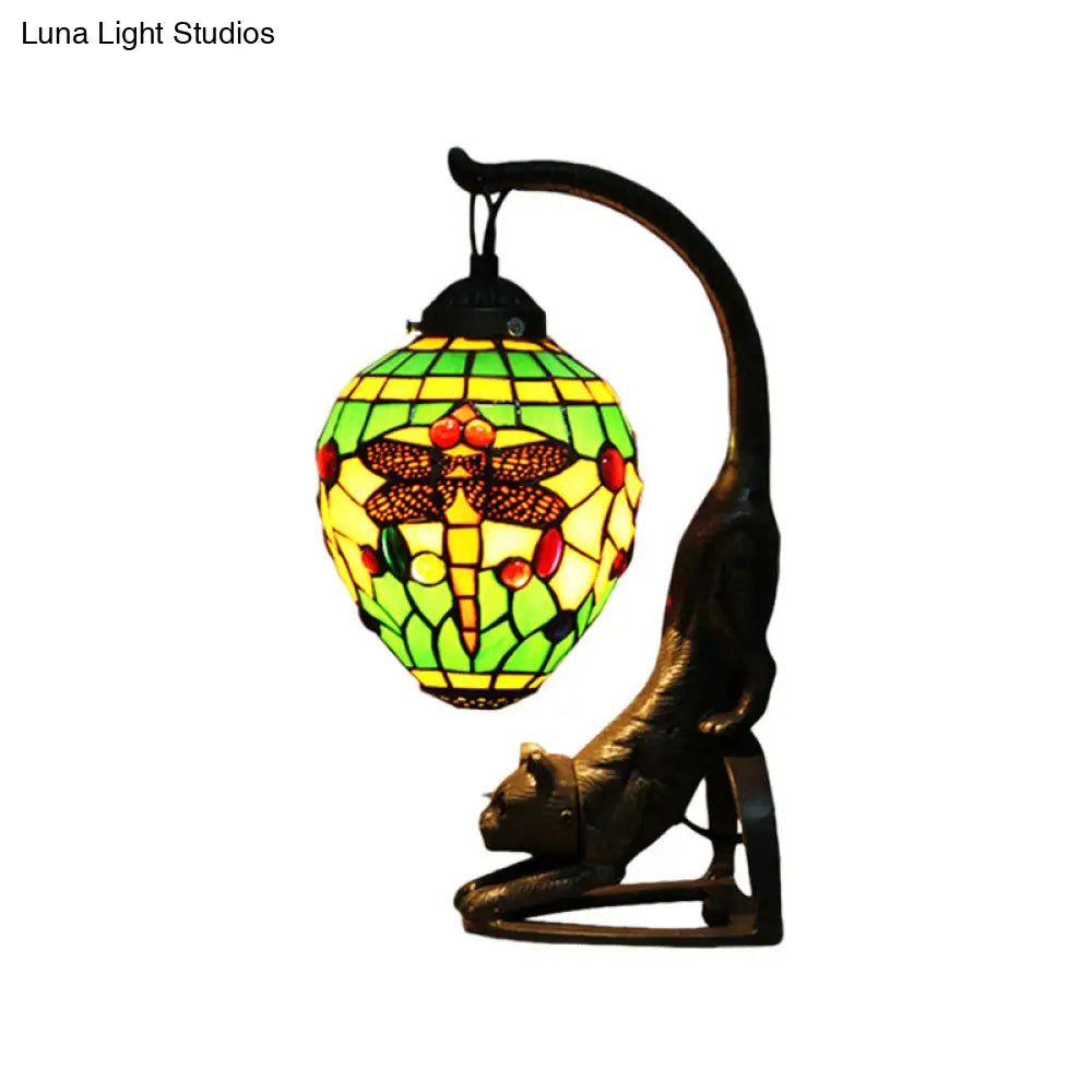 Baroque Style Dragonfly Desk Lamp with 1 Light - Red/Green Cat Table Light for Bedroom