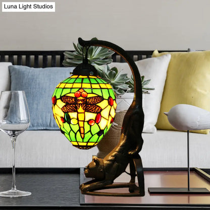 Baroque Style Dragonfly Desk Lamp with 1 Light - Red/Green Cat Table Light for Bedroom