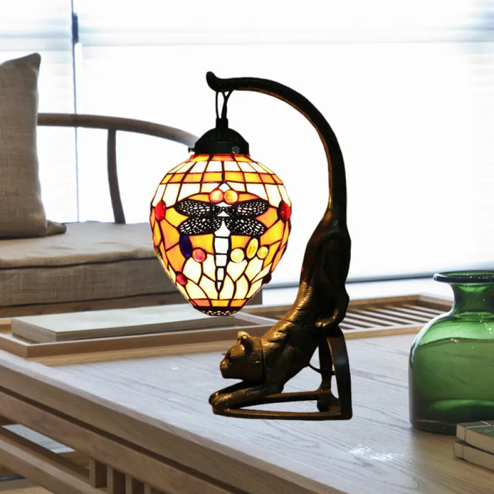 Baroque Style Dragonfly Desk Lamp with 1 Light - Red/Green Cat Table Light for Bedroom