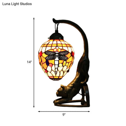 Baroque Style Dragonfly Desk Lamp with 1 Light - Red/Green Cat Table Light for Bedroom