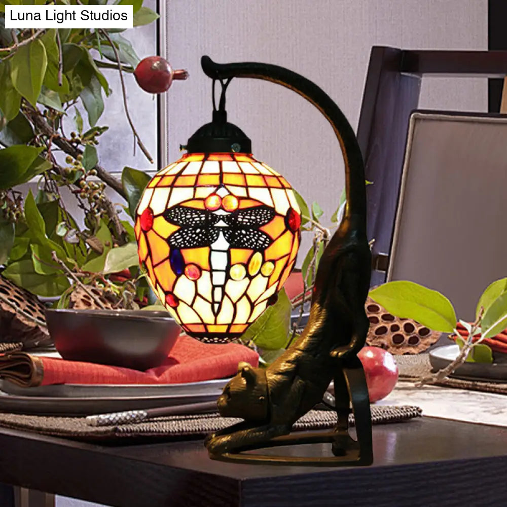 Baroque Style Dragonfly Desk Lamp with 1 Light - Red/Green Cat Table Light for Bedroom