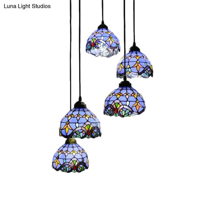 Baroque Style Glass Bell Cascade Pendant Light - Blue/Beige Glass Shade for Dining Room Lighting