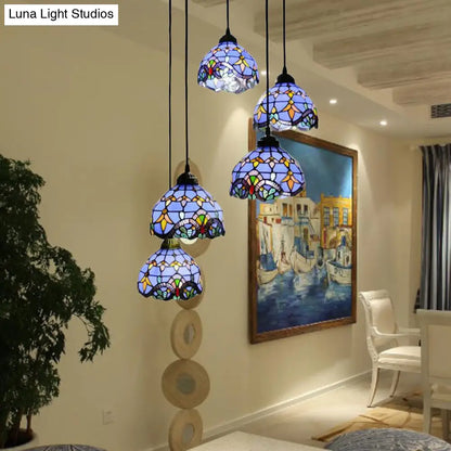 Baroque Style Glass Bell Cascade Pendant Light - Blue/Beige Glass Shade for Dining Room Lighting