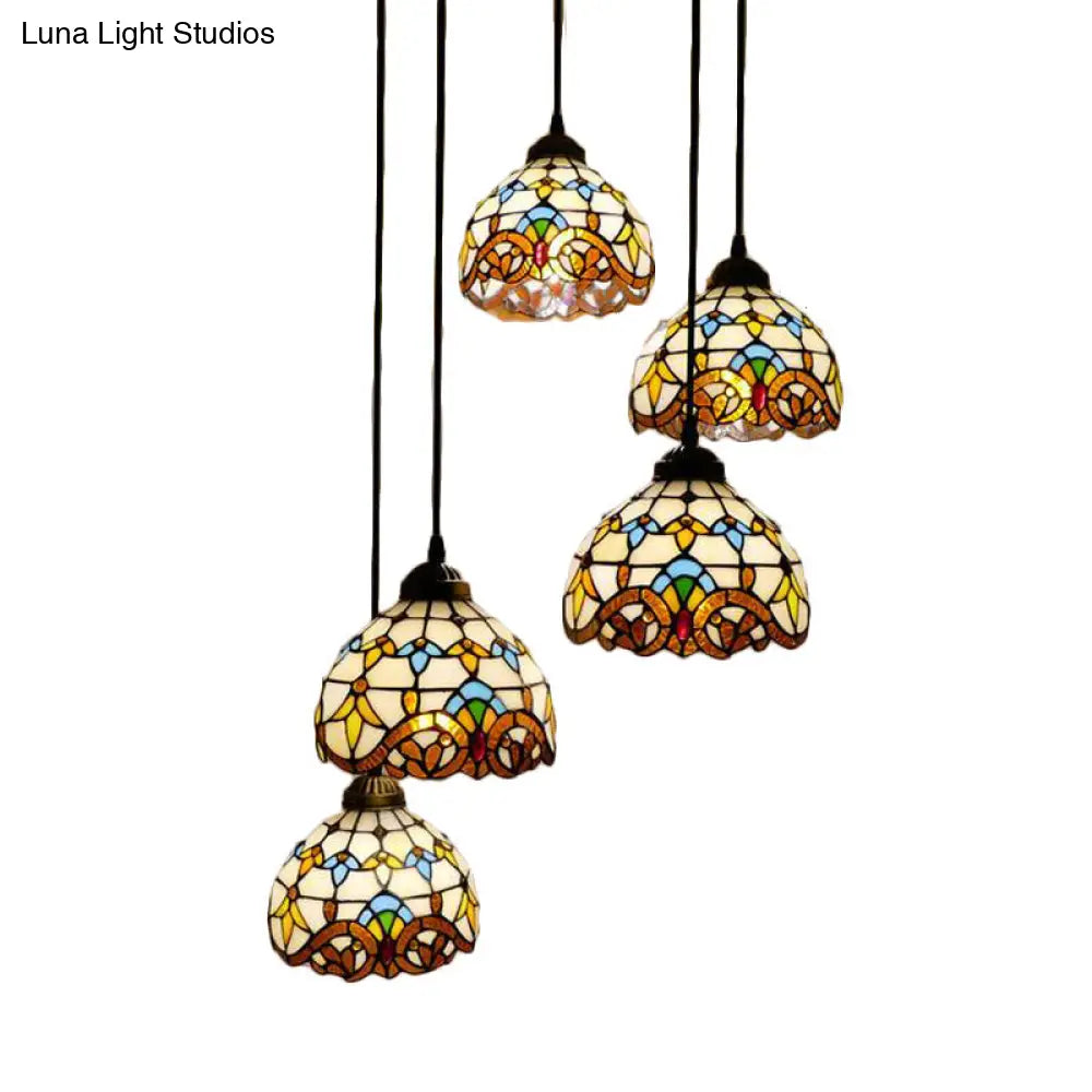 Baroque Style Glass Bell Cascade Pendant Light - Blue/Beige Glass Shade for Dining Room Lighting