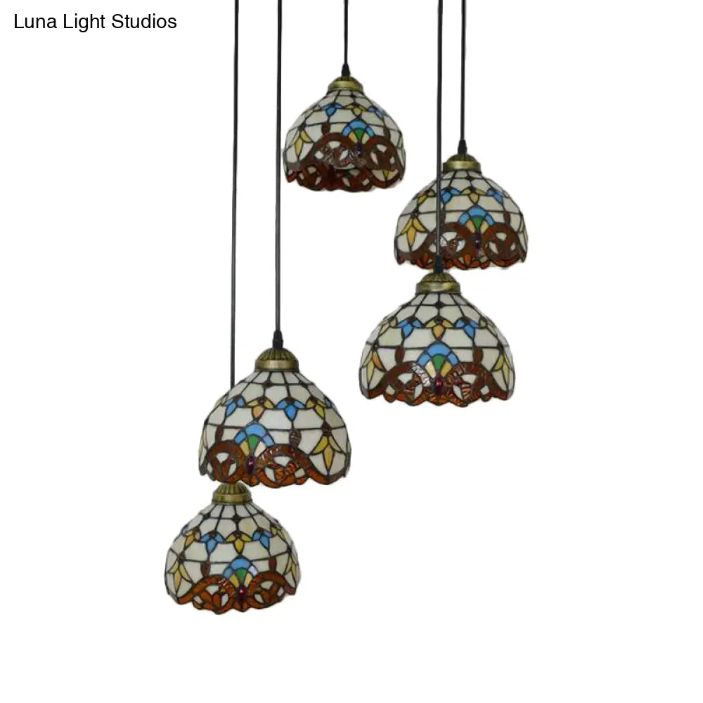 Baroque Style Glass Bell Cascade Pendant Light - Blue/Beige Glass Shade for Dining Room Lighting