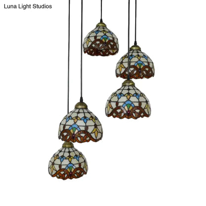 Baroque Style Glass Bell Cascade Pendant Light - Blue/Beige Glass Shade for Dining Room Lighting