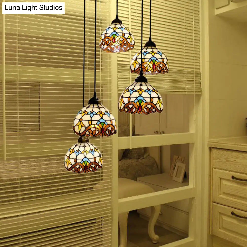 Baroque Style Glass Bell Cascade Pendant Light - Blue/Beige Glass Shade for Dining Room Lighting