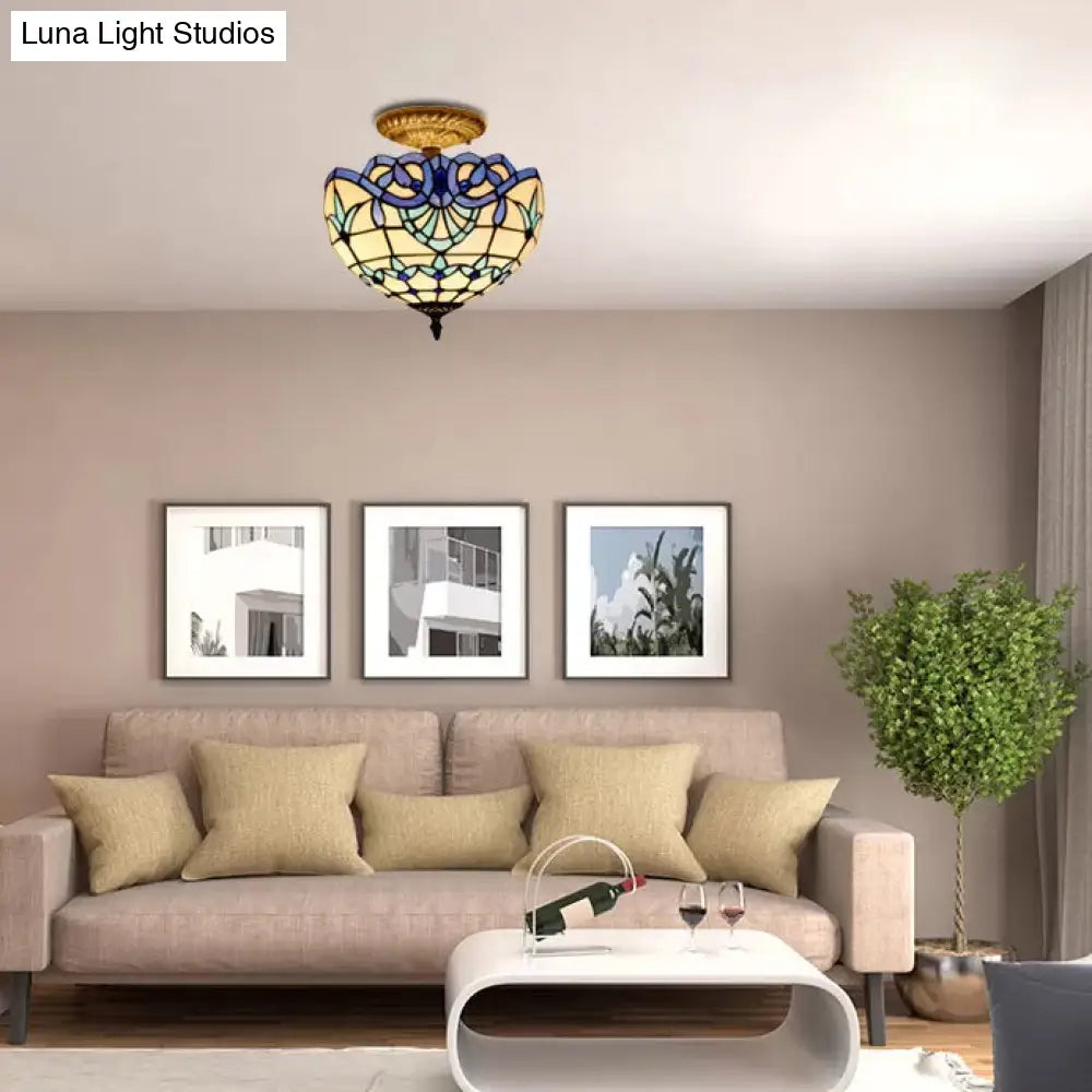 Baroque Style Glass Ceiling Light with Jewel Decoration - 2-Light Domed Semi Flush Mount for Bedroom