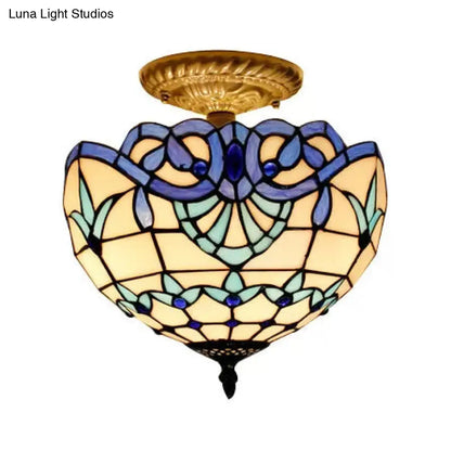 Baroque Style Glass Ceiling Light with Jewel Decoration - 2-Light Domed Semi Flush Mount for Bedroom