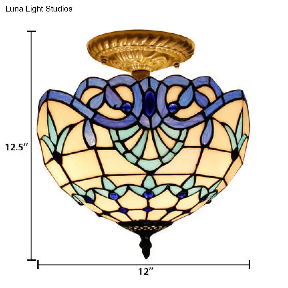 Baroque Style Glass Ceiling Light with Jewel Decoration - 2-Light Domed Semi Flush Mount for Bedroom