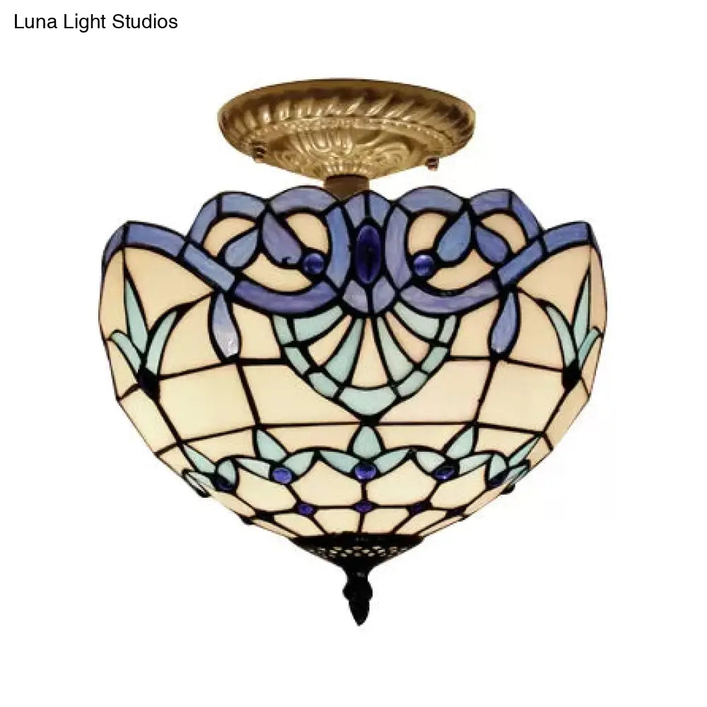 Baroque Style Glass Ceiling Light with Jewel Decoration - 2-Light Domed Semi Flush Mount for Bedroom