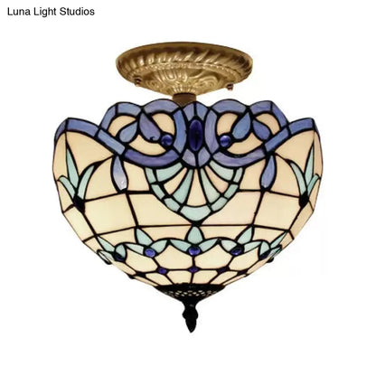 Baroque Style Glass Ceiling Light with Jewel Decoration - 2-Light Domed Semi Flush Mount for Bedroom