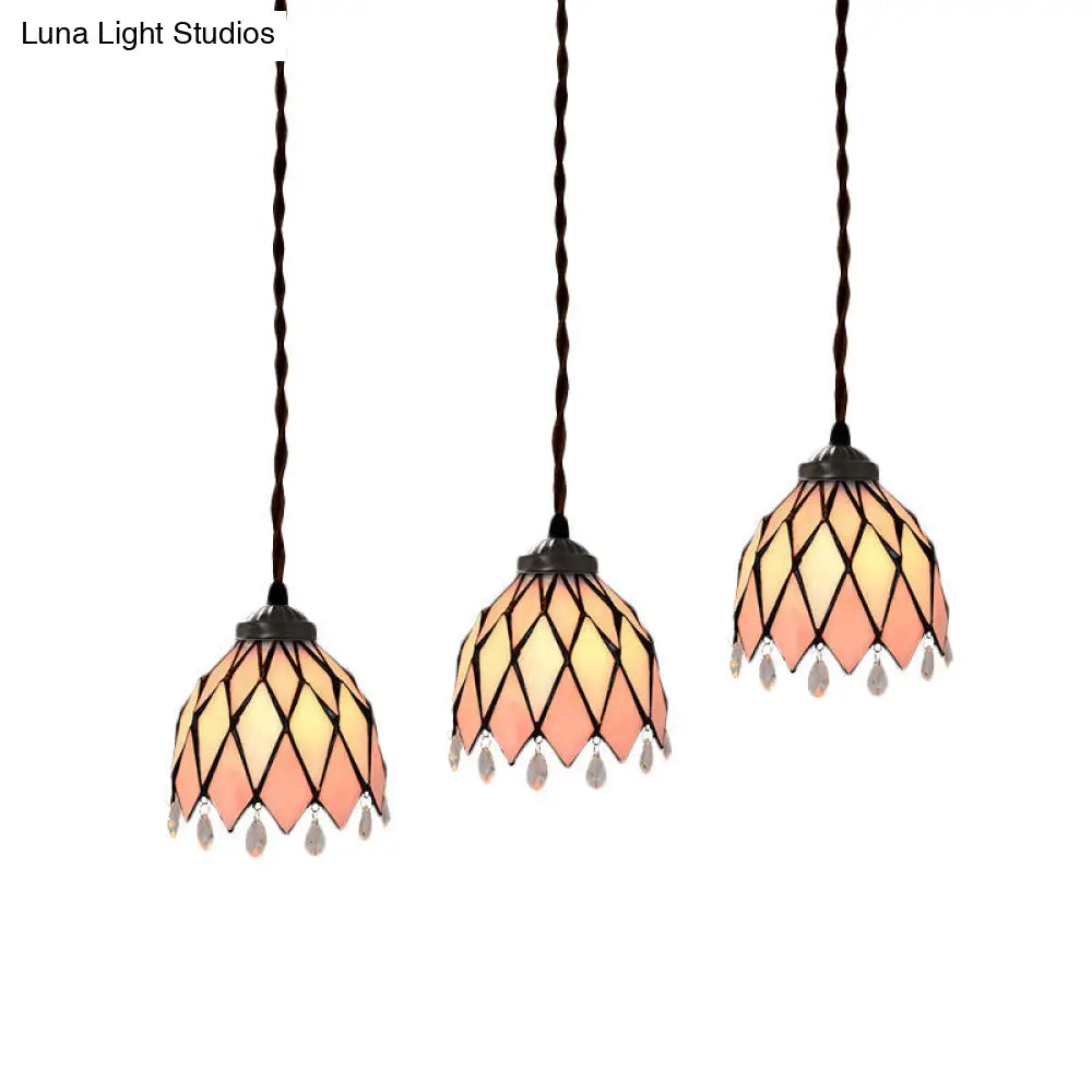 Baroque Style Pink Stained Glass Pendant Light Kit for Dining Room with 3 Bulbs