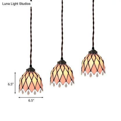 Baroque Style Pink Stained Glass Pendant Light Kit for Dining Room with 3 Bulbs