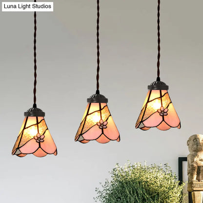 Baroque Style Pink Stained Glass Pendant Light Kit for Dining Room with 3 Bulbs