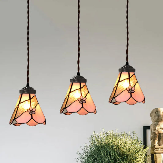 Baroque Style Pink Stained Glass Pendant Light Kit for Dining Room with 3 Bulbs