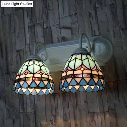 Baroque Style Stained Glass Bowl Sconce with 2-Headed Wall Lighting - Elegant White Finish for Bedroom