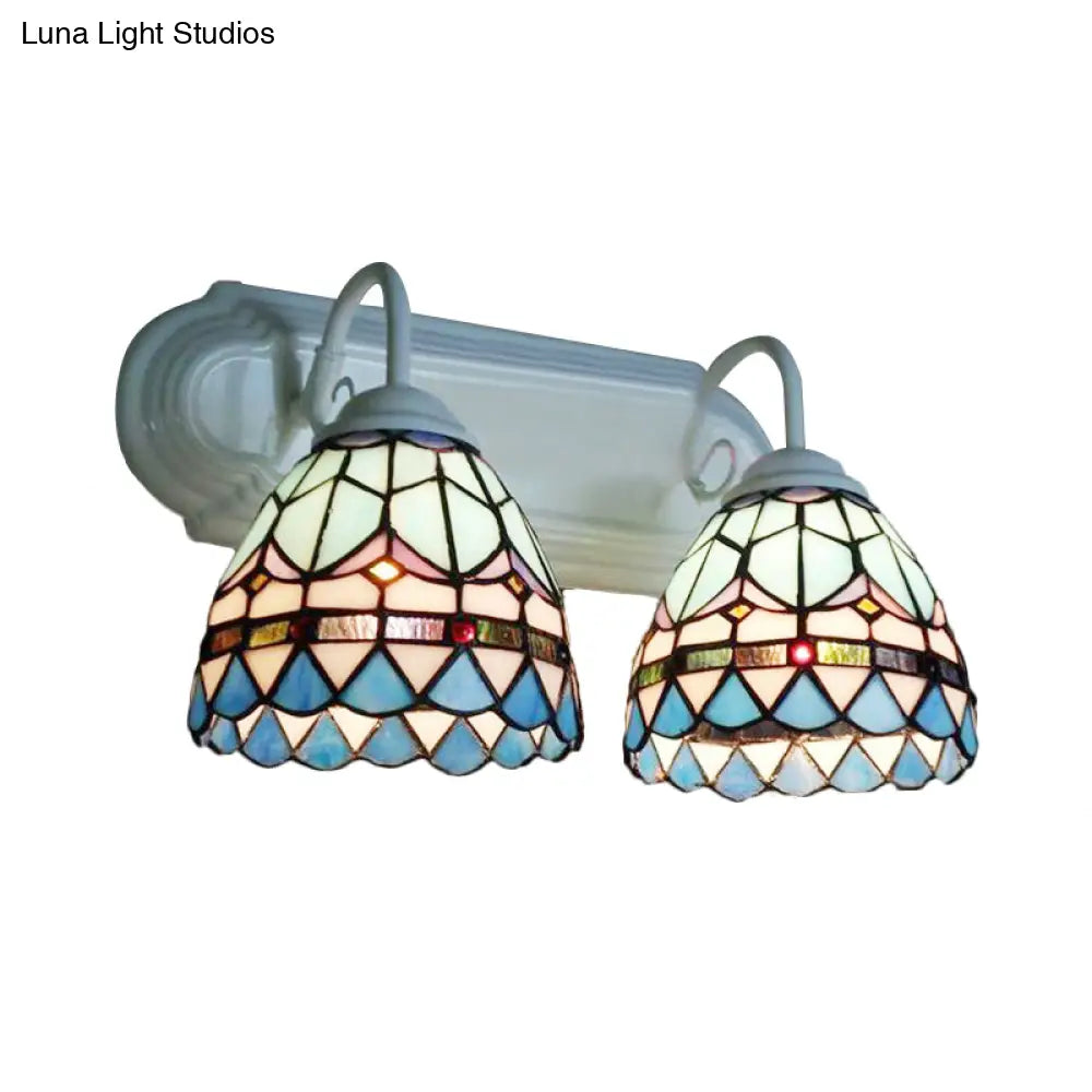Baroque Style Stained Glass Bowl Sconce with 2-Headed Wall Lighting - Elegant White Finish for Bedroom