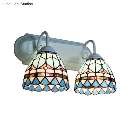Baroque Style Stained Glass Bowl Sconce with 2-Headed Wall Lighting - Elegant White Finish for Bedroom