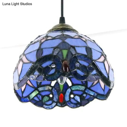 Baroque Style Stained Glass Dome Pendant Light with Hanging Cord