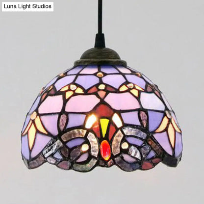 Baroque Style Stained Glass Dome Pendant Light with Hanging Cord