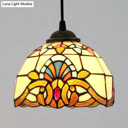 Baroque Style Stained Glass Dome Pendant Light with Hanging Cord