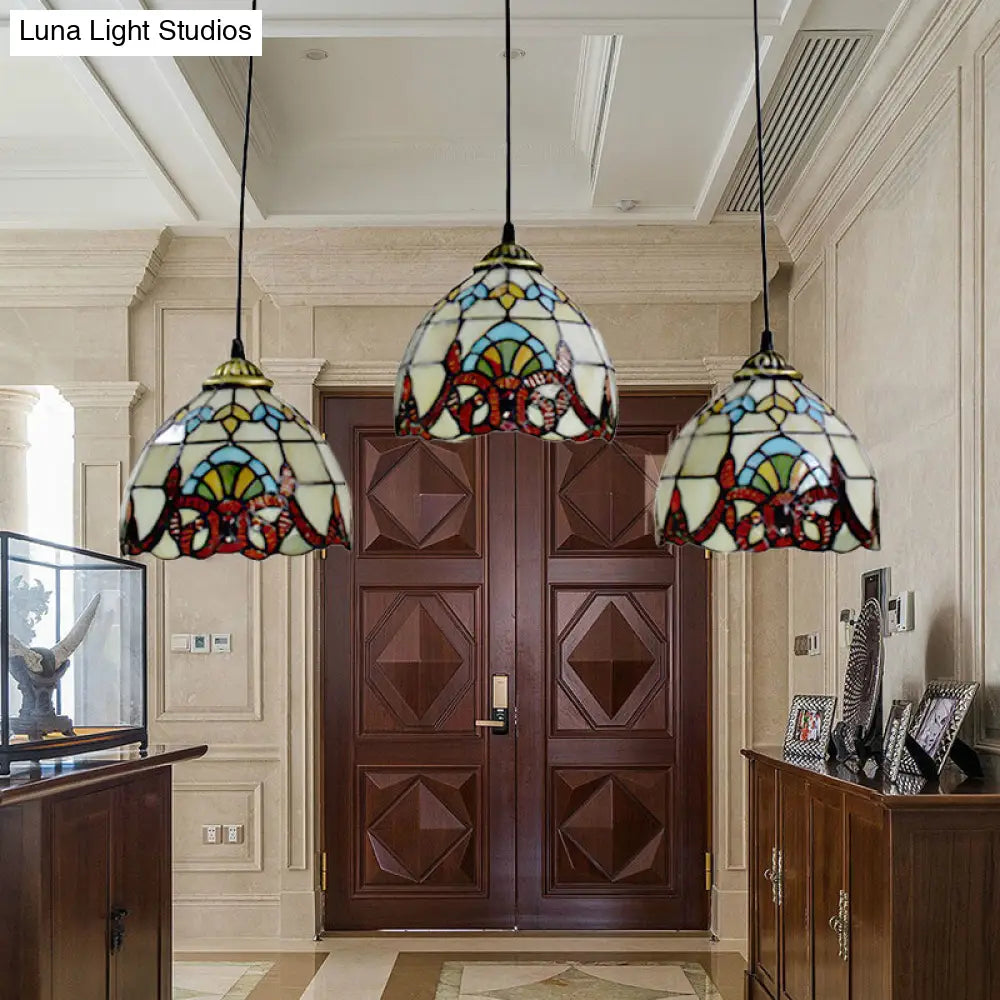 Baroque Style Stained Glass Pendant with 3 Lights - Brown/Black Linear Ceiling Fixture for Dining Room