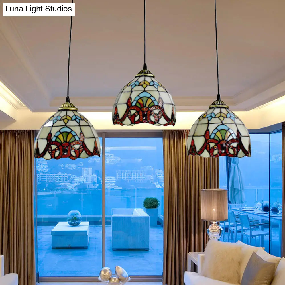 Baroque Style Stained Glass Pendant with 3 Lights - Brown/Black Linear Ceiling Fixture for Dining Room