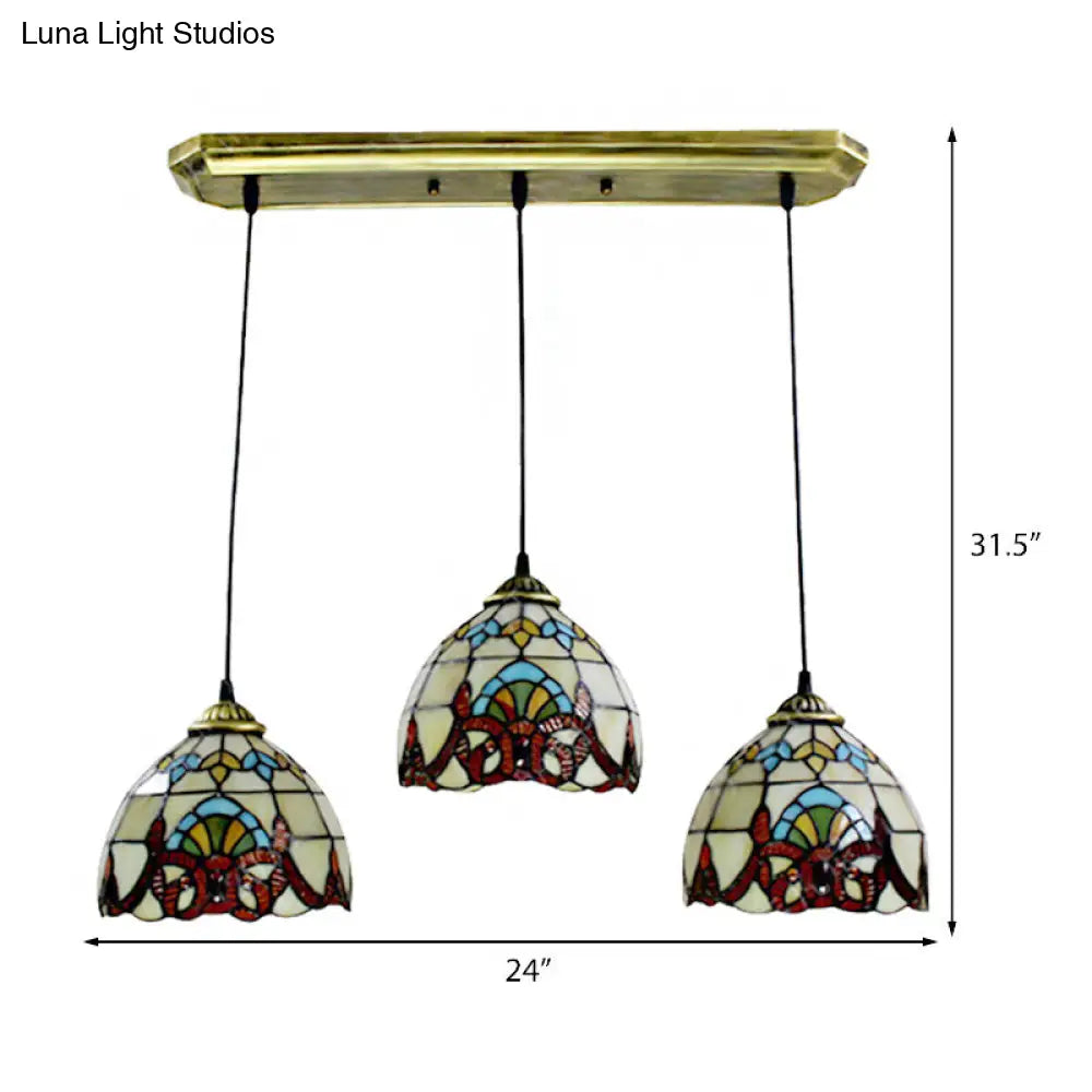 Baroque Style Stained Glass Pendant with 3 Lights - Brown/Black Linear Ceiling Fixture for Dining Room