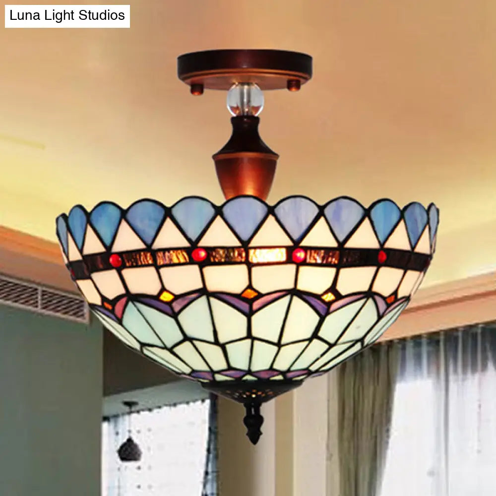 Lámpara de techo semiempotrada DecorBites™ de estilo barroco con vitral azul - 30/40 cm de ancho - Ideal para el comedor