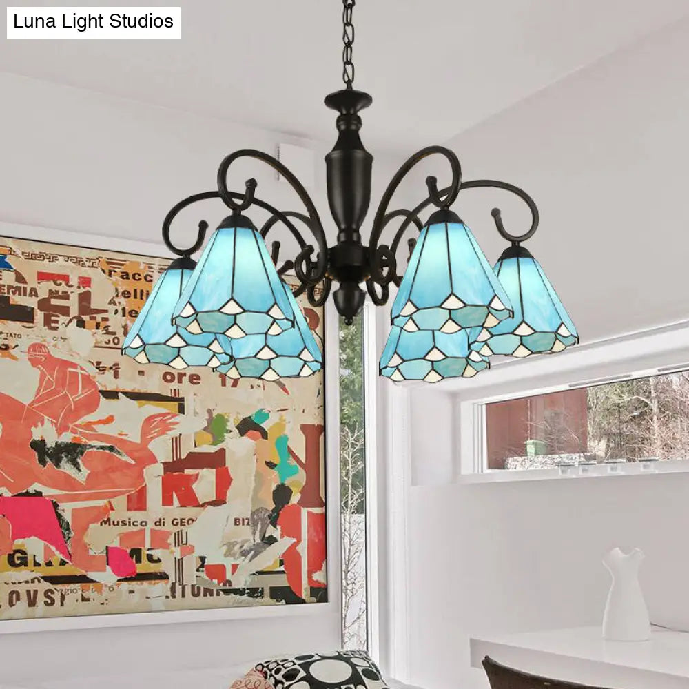 Baroque White/Sky Blue/Dark Blue Glass Chandelier Pendant Light - 6 Lights Suspended Lighting for Bedroom