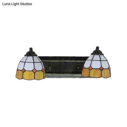 Baroque Yellow and White Glass Sconce Light with Grid Pattern - 2 Head Bronze Wall Mounted Light