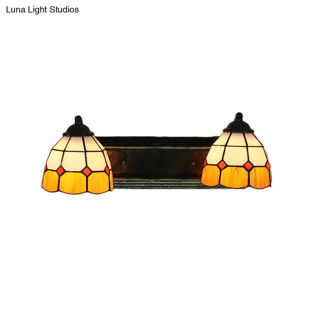 Baroque Yellow and White Glass Sconce Light with Grid Pattern - 2 Head Bronze Wall Mounted Light