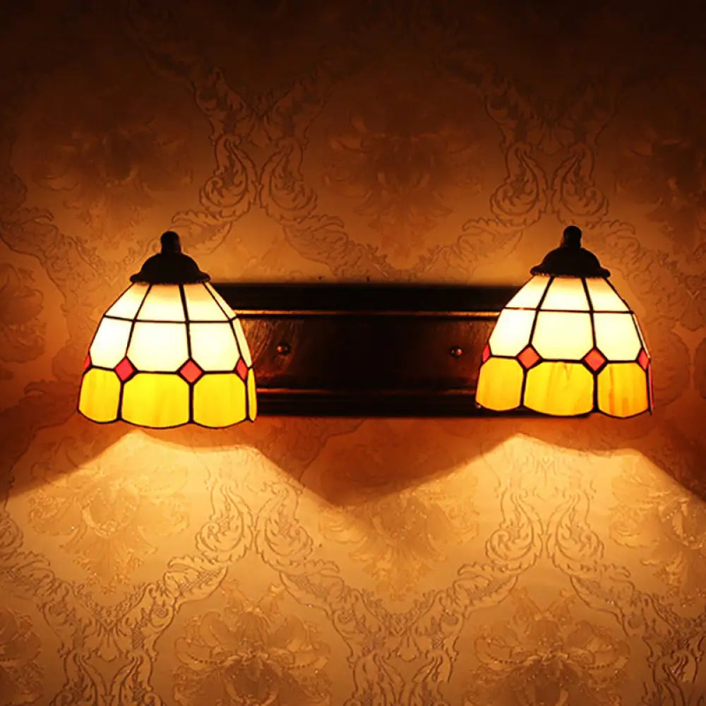 Baroque Yellow and White Glass Sconce Light with Grid Pattern - 2 Head Bronze Wall Mounted Light