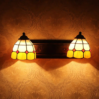 Baroque Yellow and White Glass Sconce Light with Grid Pattern - 2 Head Bronze Wall Mounted Light