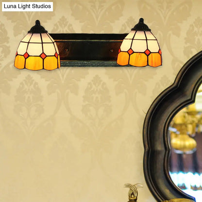 Baroque Yellow and White Glass Sconce Light with Grid Pattern - 2 Head Bronze Wall Mounted Light
