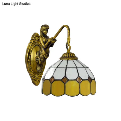 Baroque Yellow & White Glass Sconce Light with Grid Pattern - Brass Wall Mount