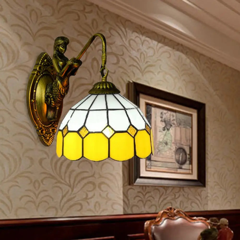 Baroque Yellow & White Glass Sconce Light with Grid Pattern - Brass Wall Mount