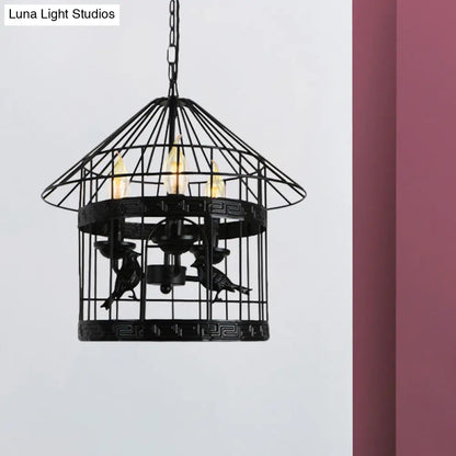 Barrel/Birdcage Chandelier Lighting - Vintage Style Pendant Light - 3 Lights - Black Metallic - Over Table