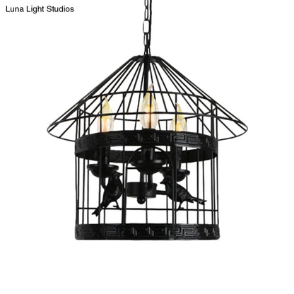 Barrel/Birdcage Chandelier Lighting - Vintage Style Pendant Light - 3 Lights - Black Metallic - Over Table