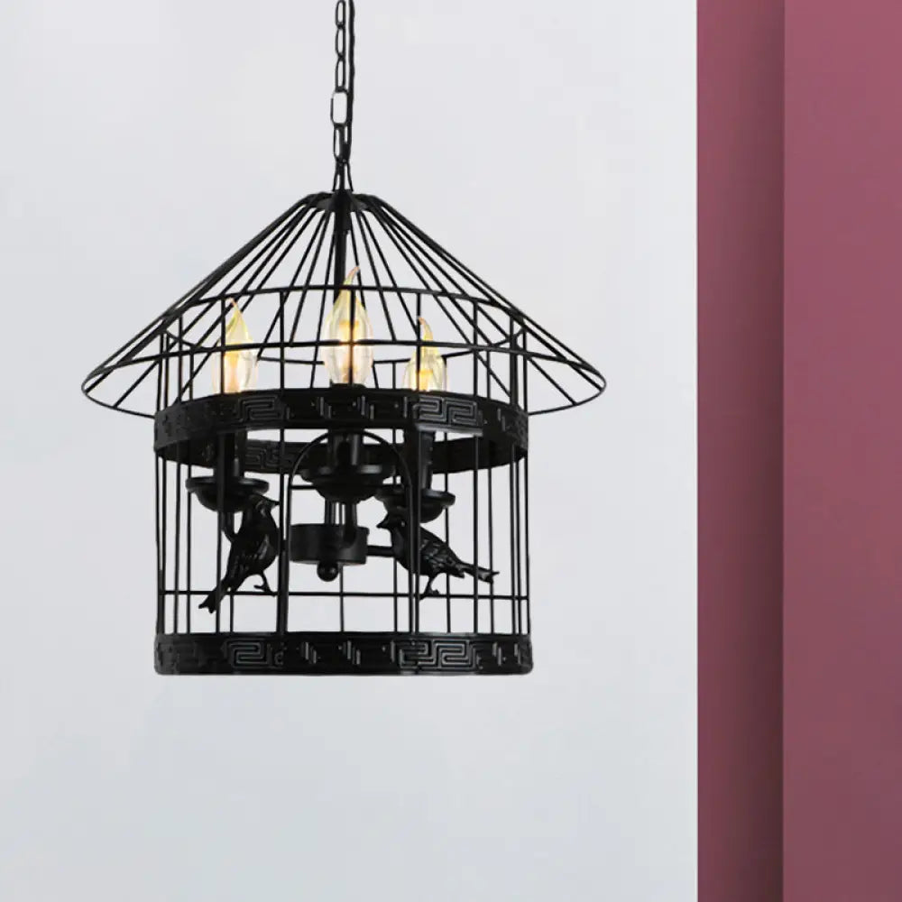 Barrel/Birdcage Chandelier Lighting - Vintage Style Pendant Light - 3 Lights - Black Metallic - Over Table