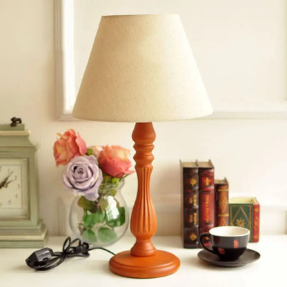 Barrel Desk Lamp with Wood Base - Traditional Fabric, White/Flaxen/Beige Design - 1 Light Reading Light for Bedroom