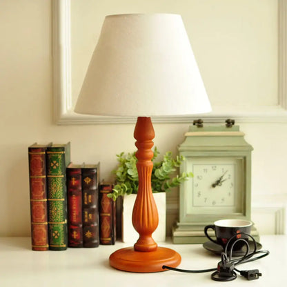 Barrel Desk Lamp with Wood Base - Traditional Fabric, White/Flaxen/Beige Design - 1 Light Reading Light for Bedroom