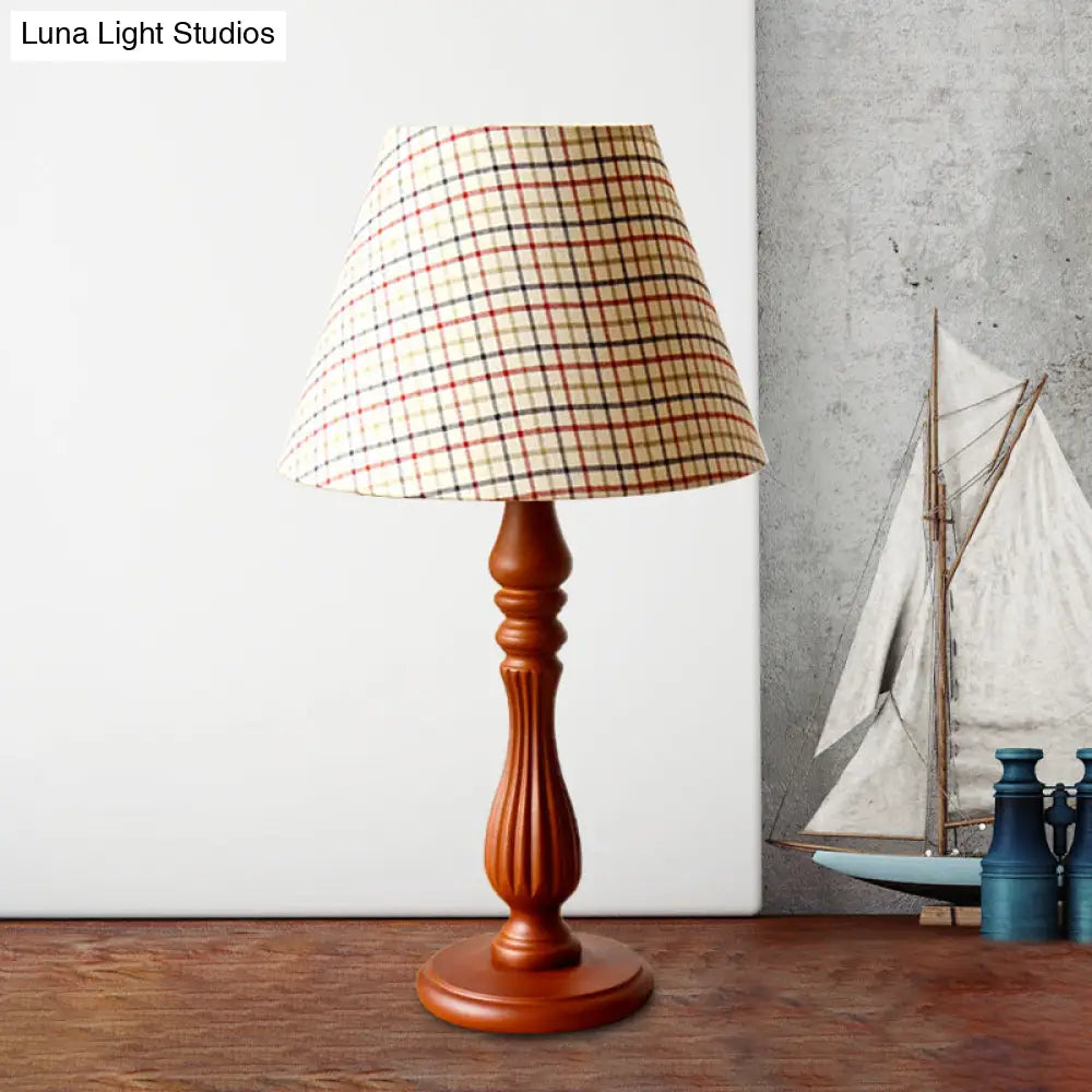 Barrel Shape Desk Lamp - Beige/Tan/Dark Blue - Traditional Fabric - Bedroom Reading Light with Wood Base