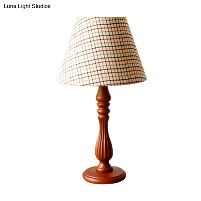 Barrel Shape Desk Lamp - Beige/Tan/Dark Blue - Traditional Fabric - Bedroom Reading Light with Wood Base