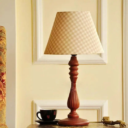 Barrel Shape Desk Lamp - Beige/Tan/Dark Blue - Traditional Fabric - Bedroom Reading Light with Wood Base
